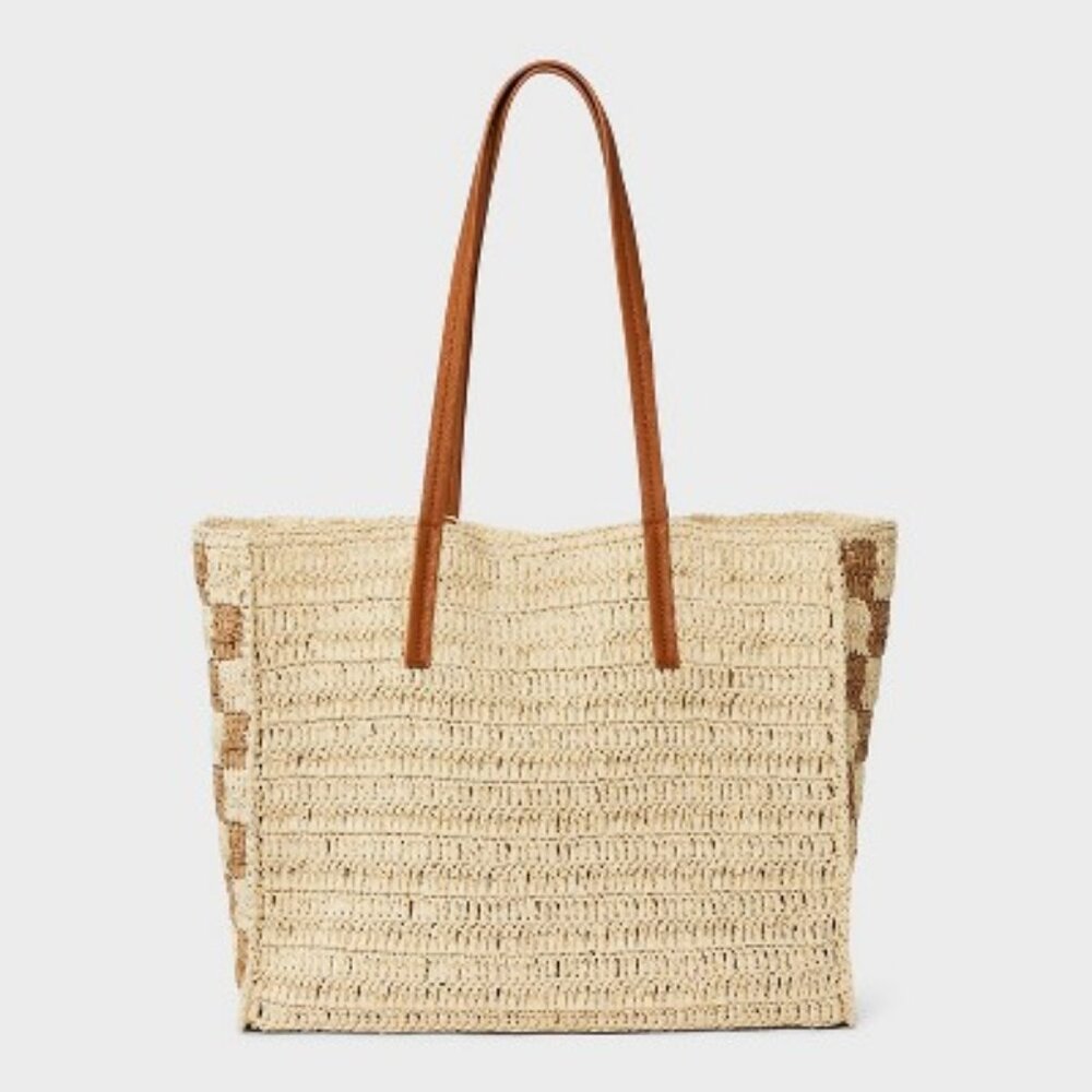 NEW Straw Packable Checker Boxy Tote Handbag - Universal Thread™ Beige